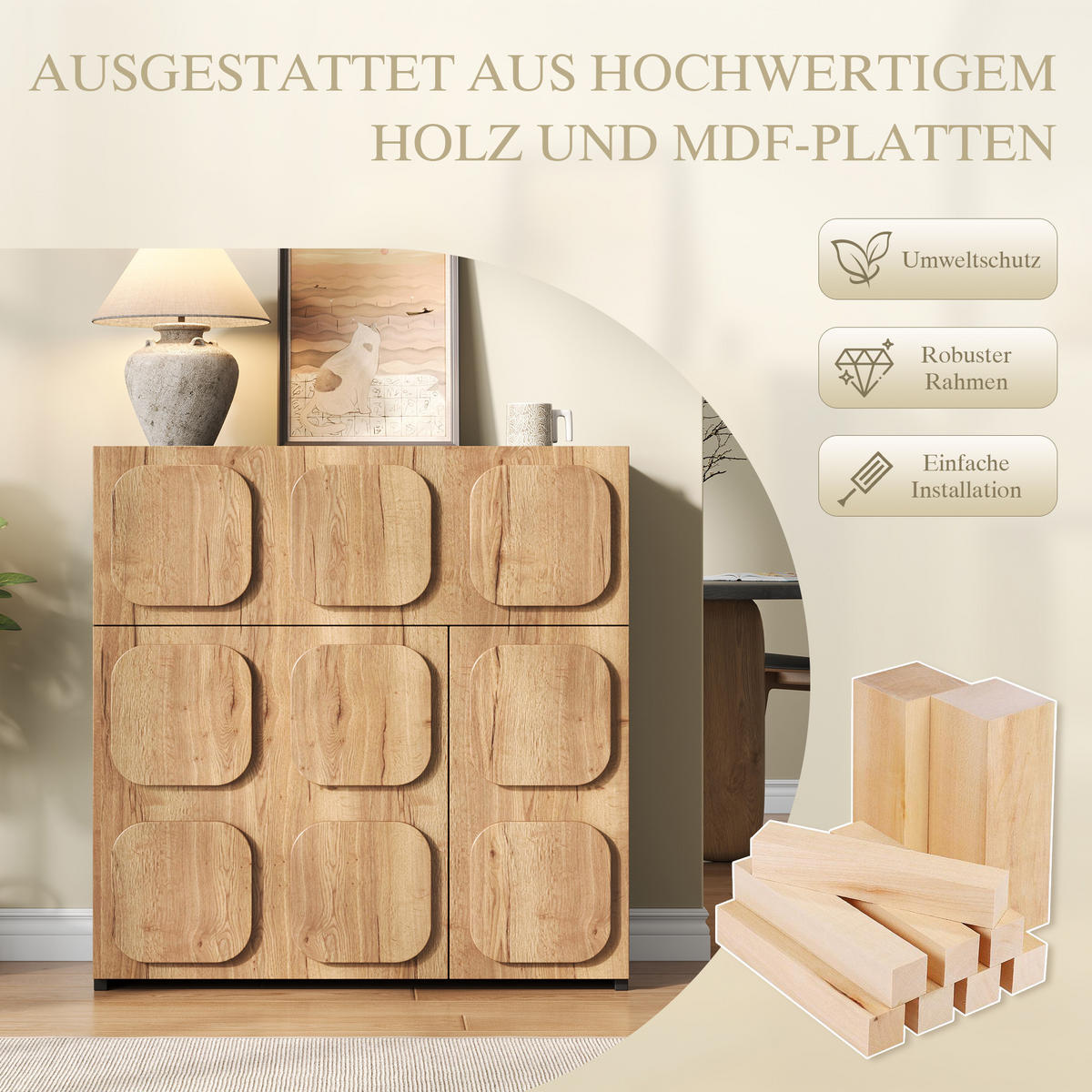 SIDEBOARD DE-38138 79,6/34,8/81,5 cm mit 4 Fächern Holzstruktur/Schwarz - Naturfarben, Holzwerkstoff (79.6/81.5/34.8cm) - ComfortXL