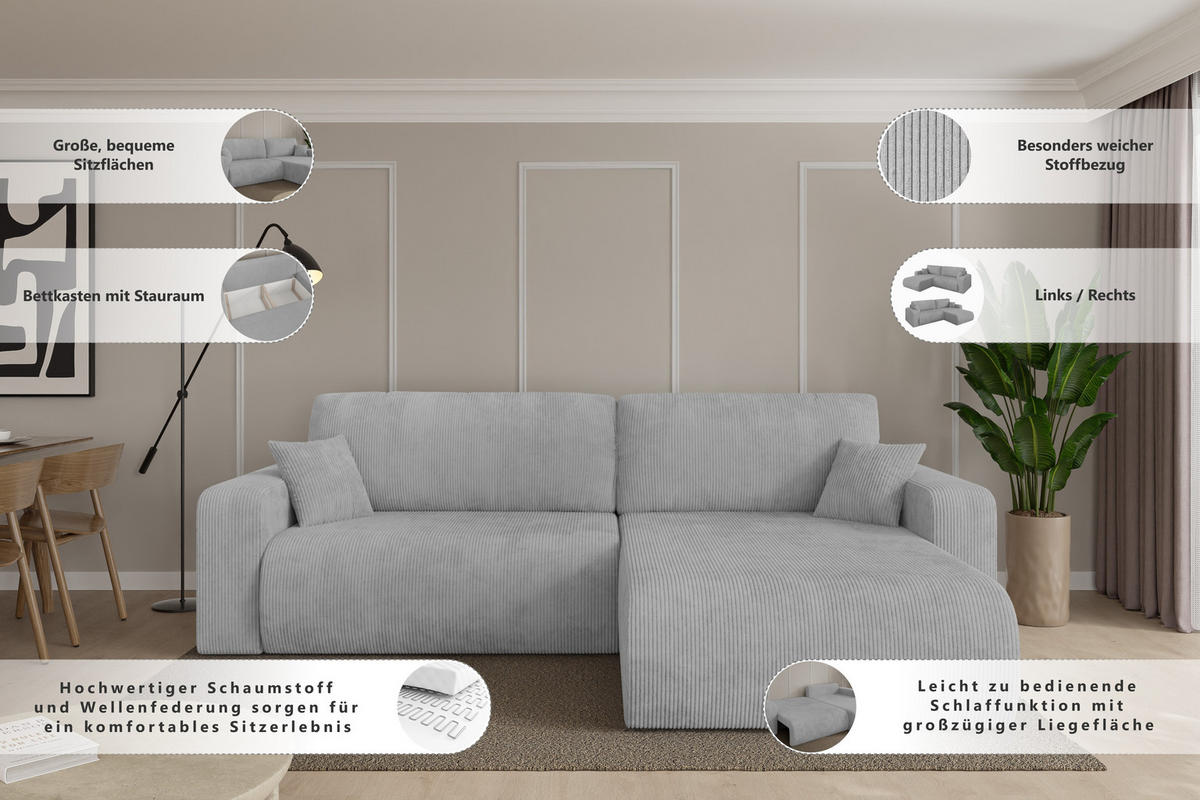 ROHOVÁ SEDAČKA s funkcí spaní, otoman vpravo BERY-L 276x193x88 šedá bouclé - šedá/černá, kompozitní dřevo/textil (276/193cm) - ALTDECOR