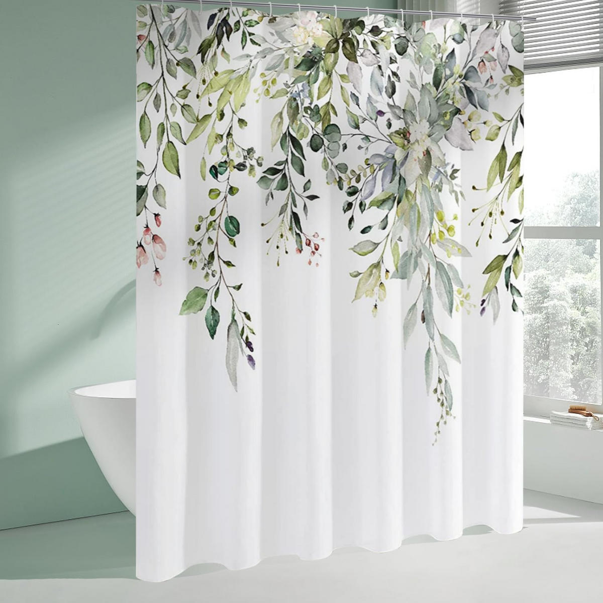 DUSCHVORHANG Grün Polyester Digitaldruck wasserdicht mit Haken ohne Bohren - Grün, Textil (180/180cm) - MCBOSON
