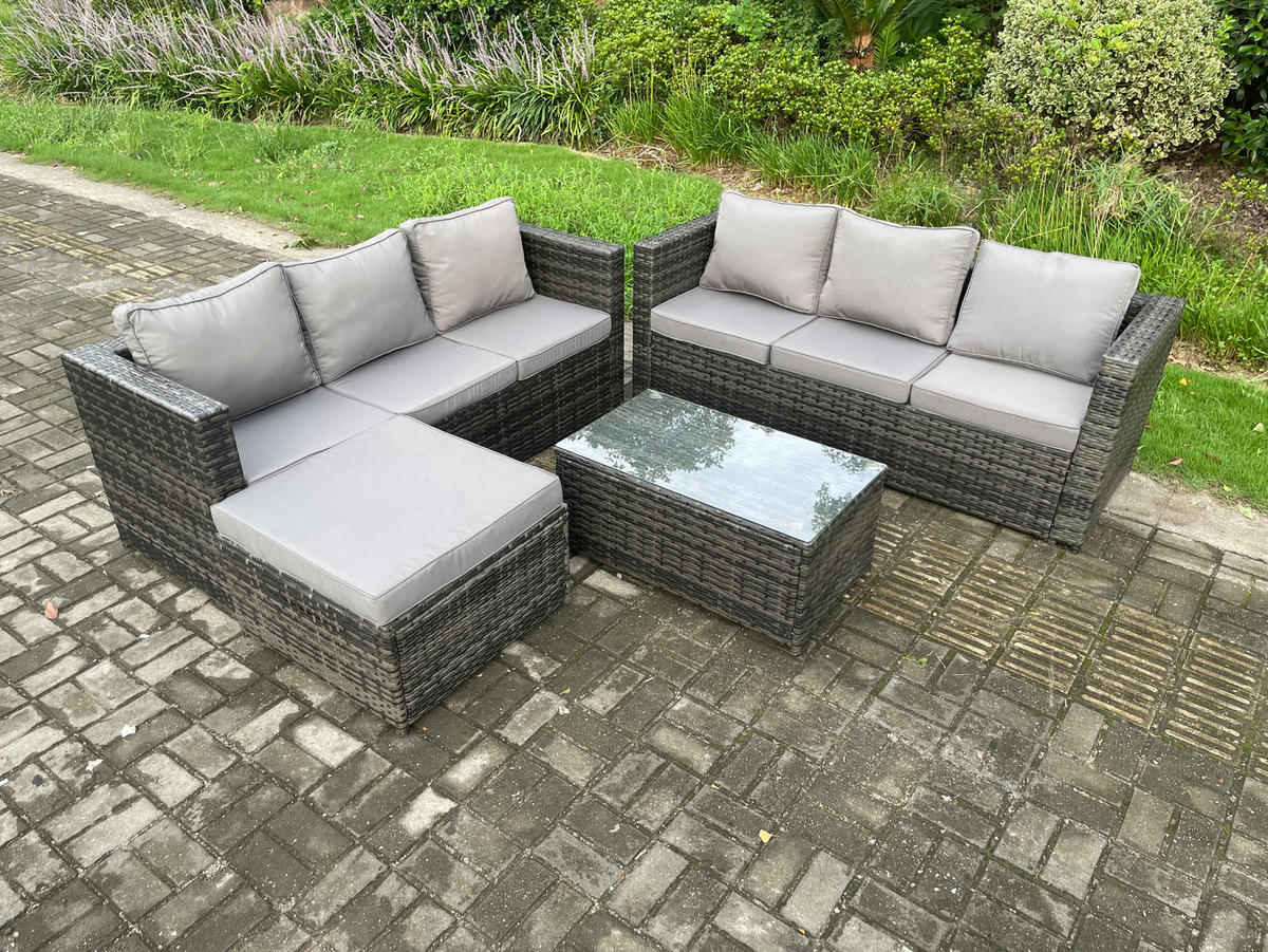 GARTENSOFA SET Polyrattan Dunkelgrau 7-Sitzer - Dunkelgrau, Metall - Fimous