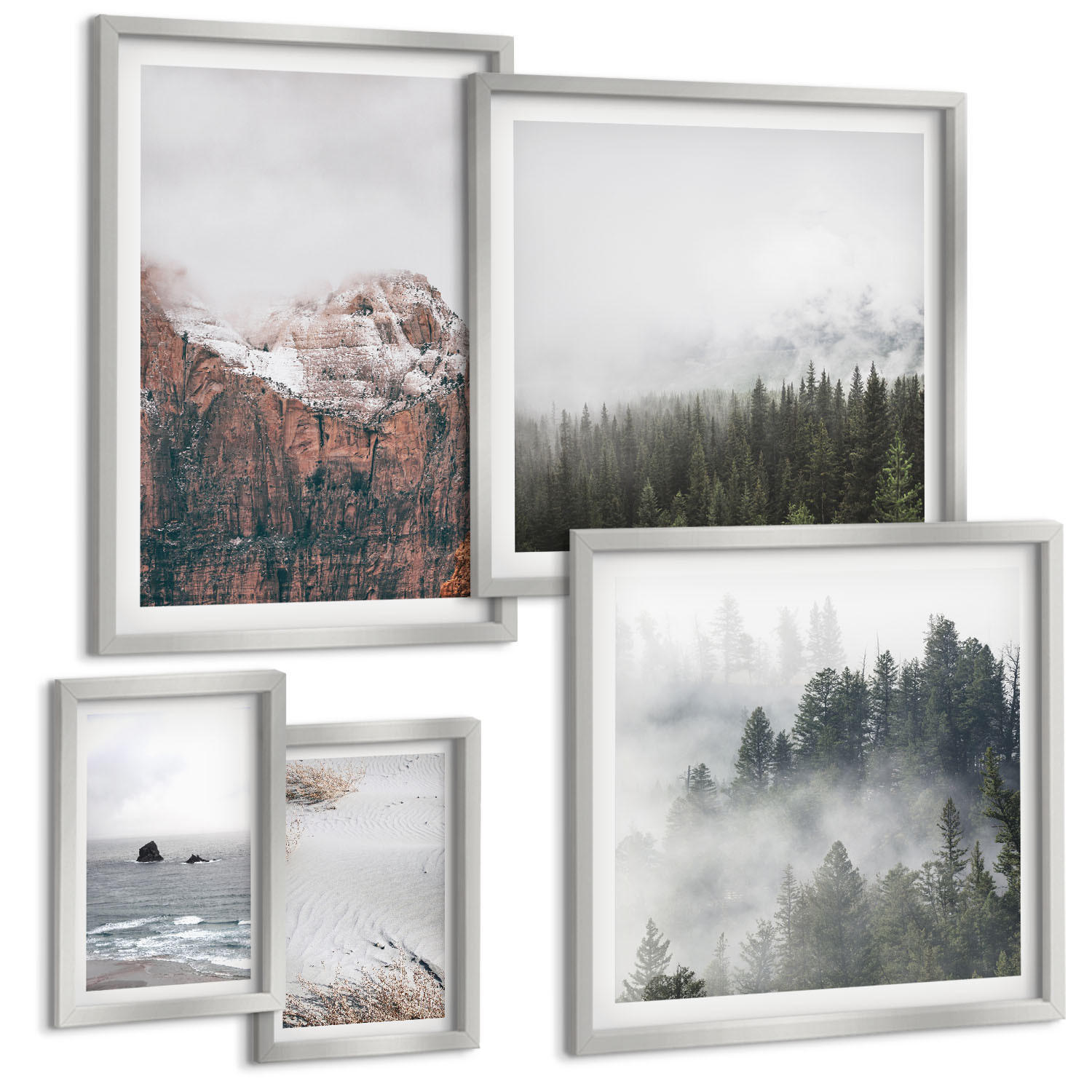 BILDER SET 5er Set - 50x50 cm & 20x30 cm & 40x60 cm Silberner Rahmen - Abstrakte Wellen, graue Pastellfarben - Silberfarben, Kunststoff (40/60cm) - TULUP