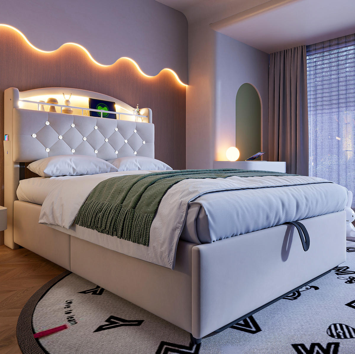 BETT mit Stauraum 90x200 cm Samt Beige mit LED und USB - Beige, Metall (90/200cm) - Meubliv