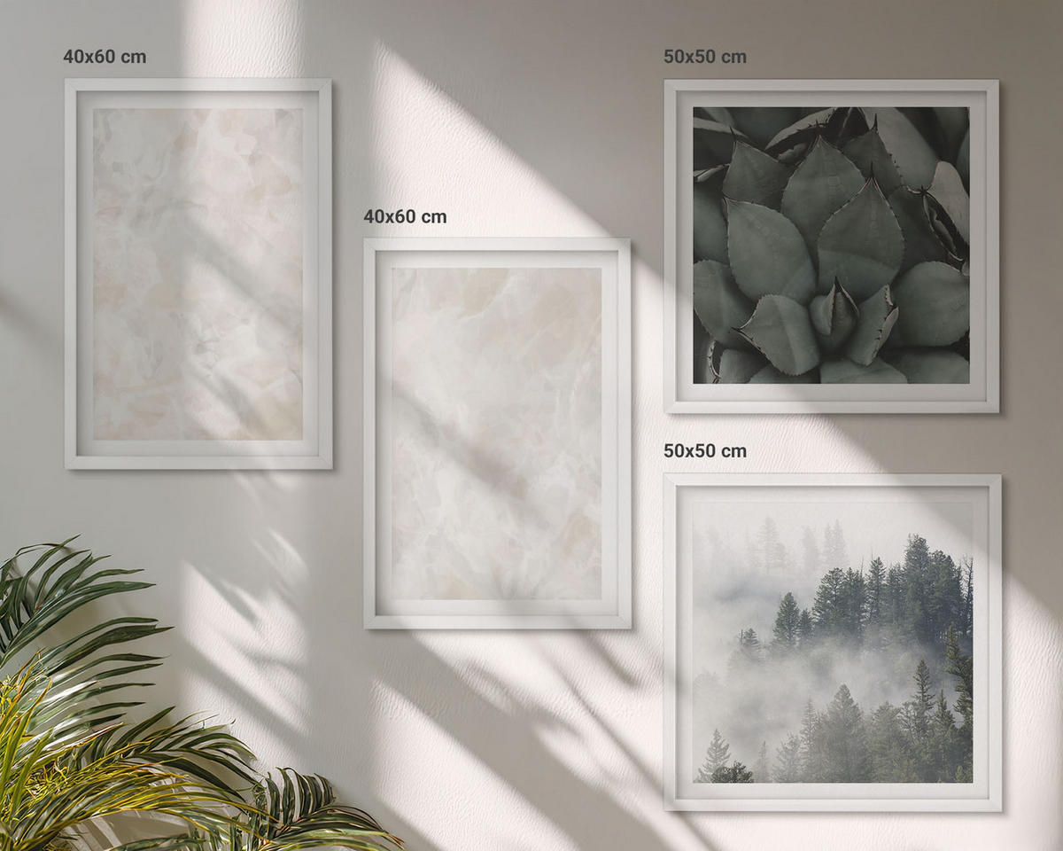 WANDBILDER 4er-Set - 50x50 cm & 40x60 cm Weißer Rahmen - Steinpastellmarmor - Weiß, Kunststoff (50/50cm) - ArtPrintCave
