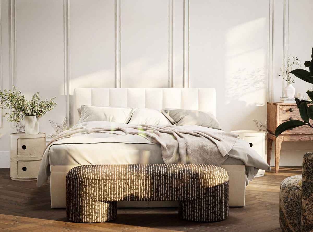BOXBETT 160/200 cm Lovage S, in Hellbeige, Matratze, gepolstertes Kopfteil, Bettkasten, H3 = fest - Beige/Schwarz, Holz/Holzwerkstoff (160/200cm) - Maison de Reve