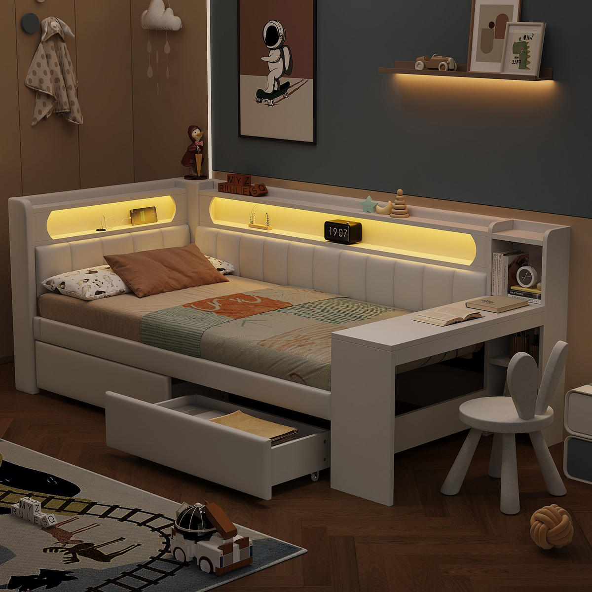 POLSTERBETT 90/200 cm Weiß mit LED-Beleuchtung, USB-Anschluss, Schreibtisch und 2 Schubladen - Weiß, Holzwerkstoff (90/200cm) - Flora Grace