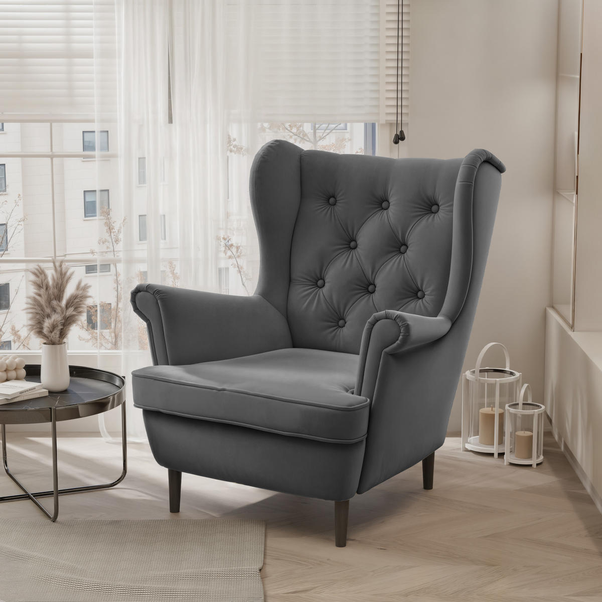 OHRENSESSEL SCANDI - Grau, Holz (75/103/60cm) - Idohome