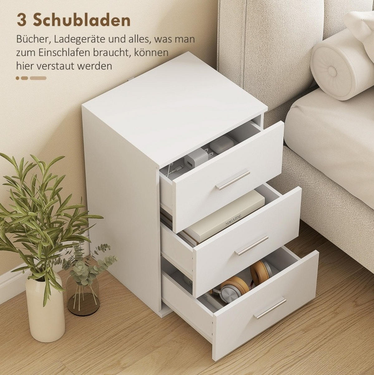 NACHTTISCH aus MDF mit 3 Schubladen, 40/35/60 cm, Weiß - Weiß, Holz (40/60/35cm) - Redom