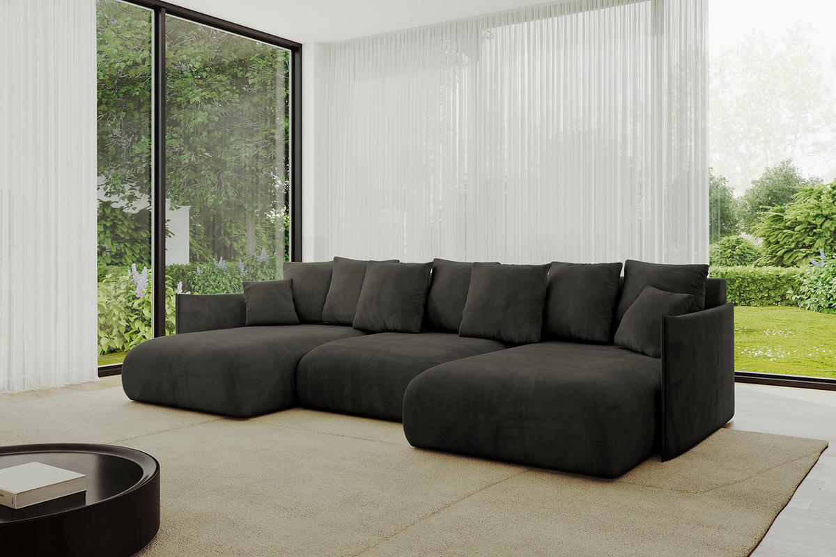 WOHNLANDSCHAFT mit Schlaffunktion und Bettkasten ONESK-U 317x177x72 Schwarz Velours - Schwarz, Holzwerkstoff/Kunststoff (317/72/177cm) - ALTDECOR