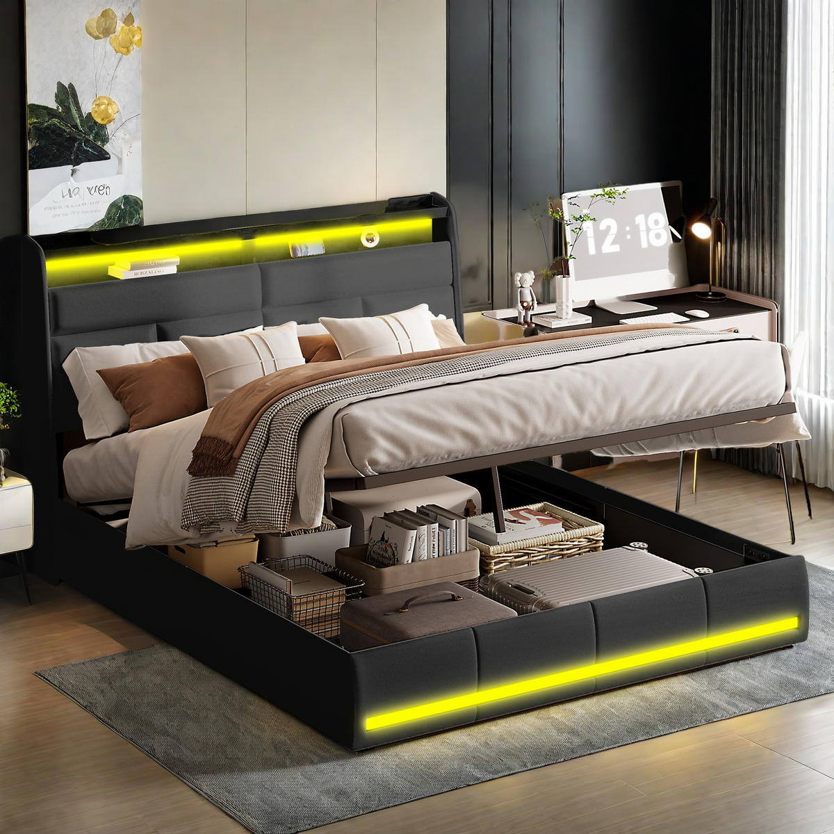 POLSTERBETT 140x200 Beige PU LED USB Hydraulik - Schwarz, Holzwerkstoff (140/200cm) - SHOPENTRA
