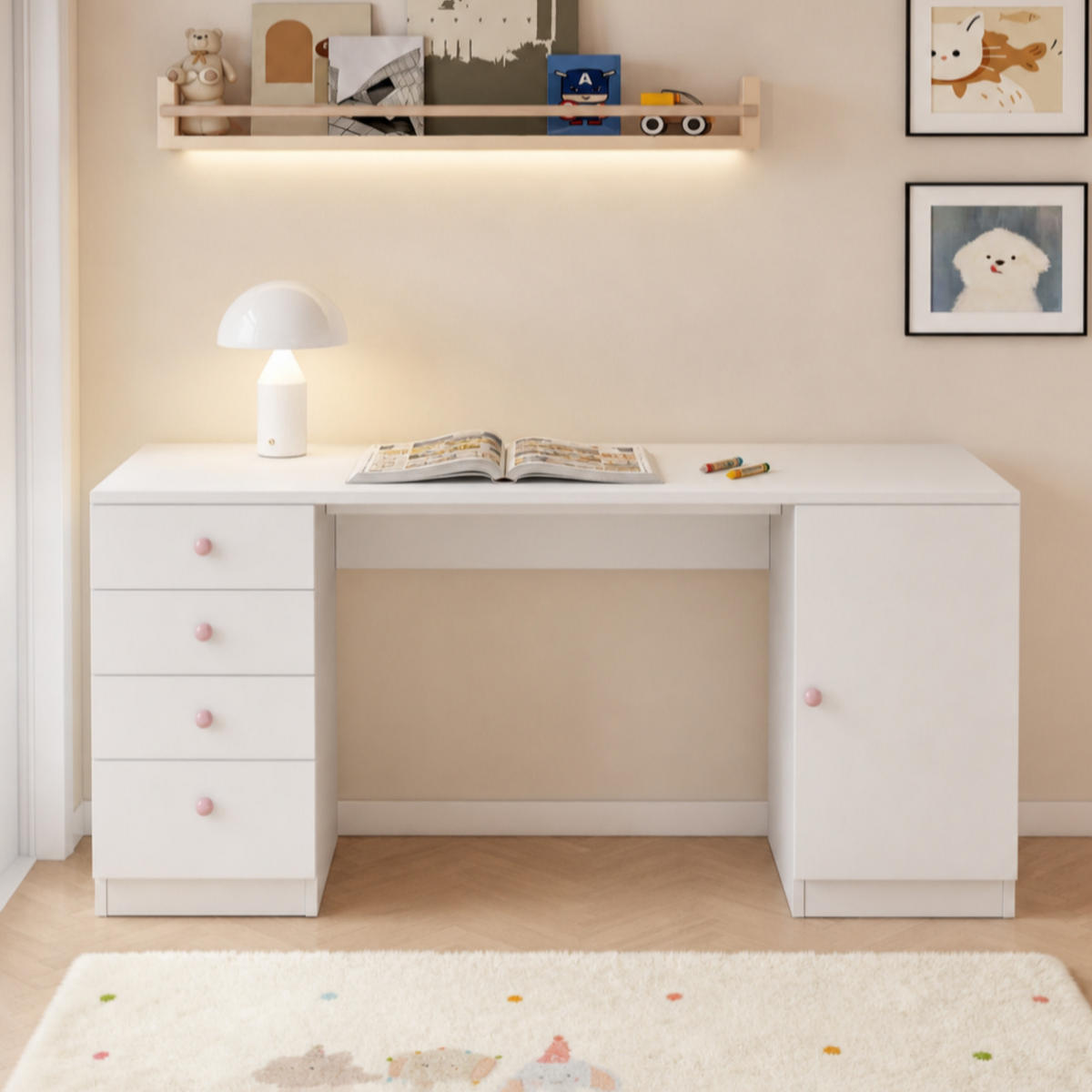 RADNI STOL 155/45/75 cm s 4 ladice, policom i keramičkim ručkama u bijeloj boji - bijela/prirodne boje, drvni materijal (155/75/45cm) - CHICFURN