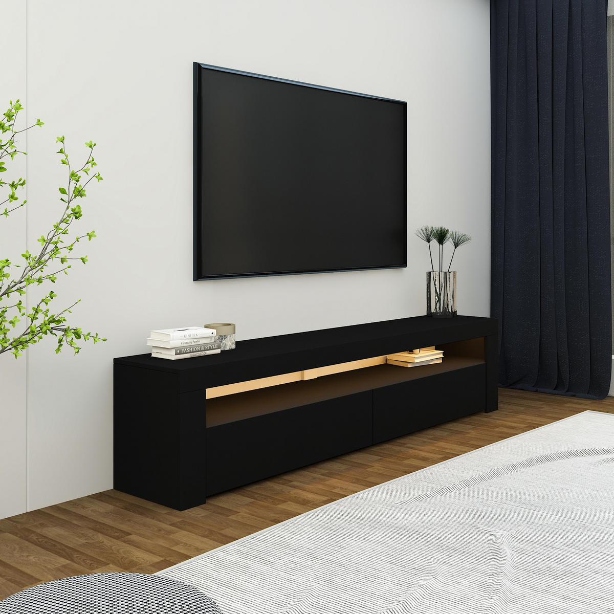 TV Lowboard Bati Schwarz mit LED-Beleuchtung 92406 - Schwarz/Weiß, Holzwerkstoff (150/47/37cm) - moebel17