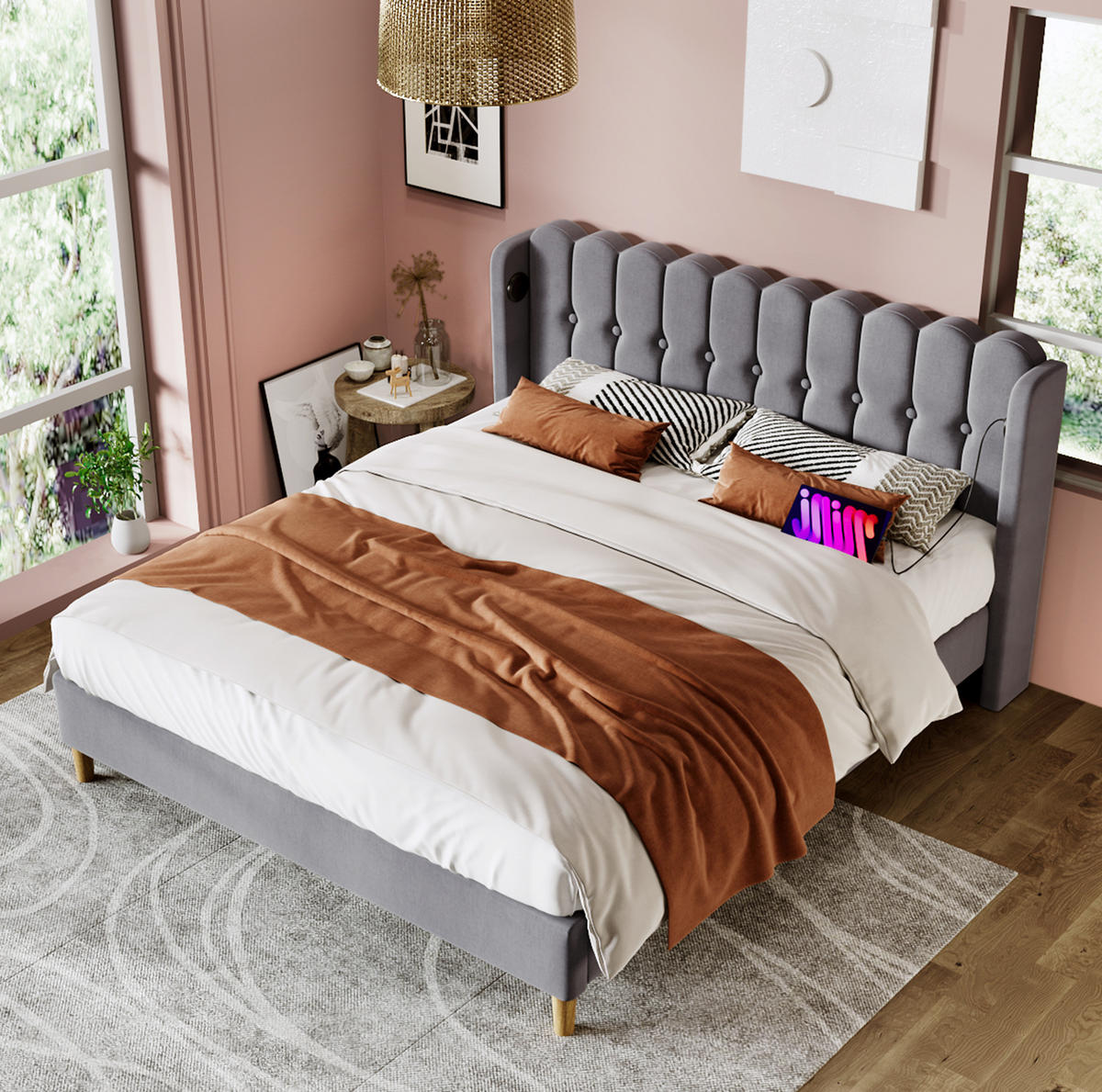 POLSTERBETT 140/200 cm Grau aus Leinen mit Matratze und USB- und Type-C-Anschlüssen - Grau, Textil (140/200cm) - Flora Grace