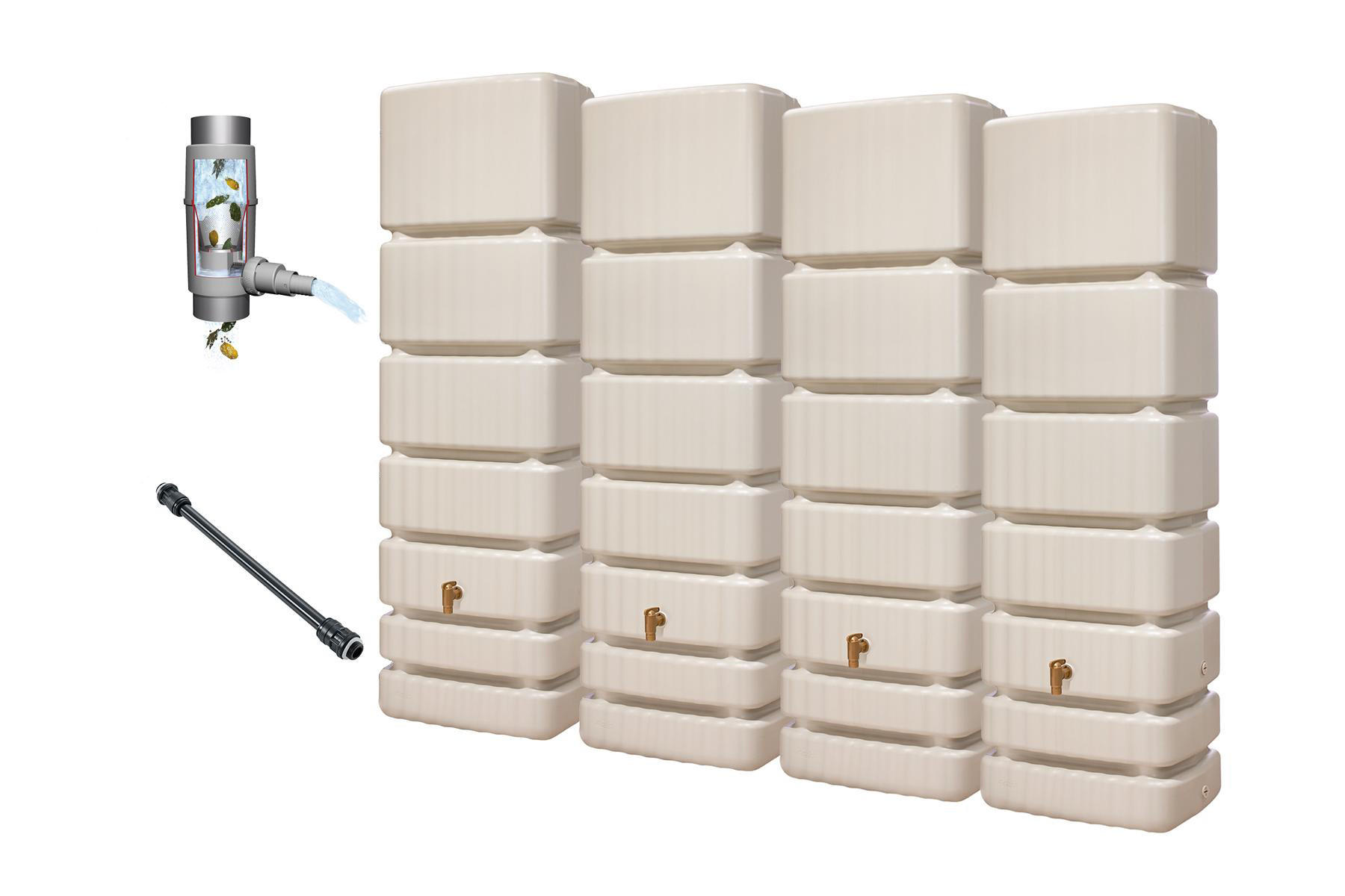WANDTANK Komplett-Set 1400 L sandbeige 4 x 350 L inkl. Verbindungsset, Kunststoff-Auslaufhahn und Fallrohranschluss - Sandfarben, Kunststoff (270/184/39cm) - 4rain