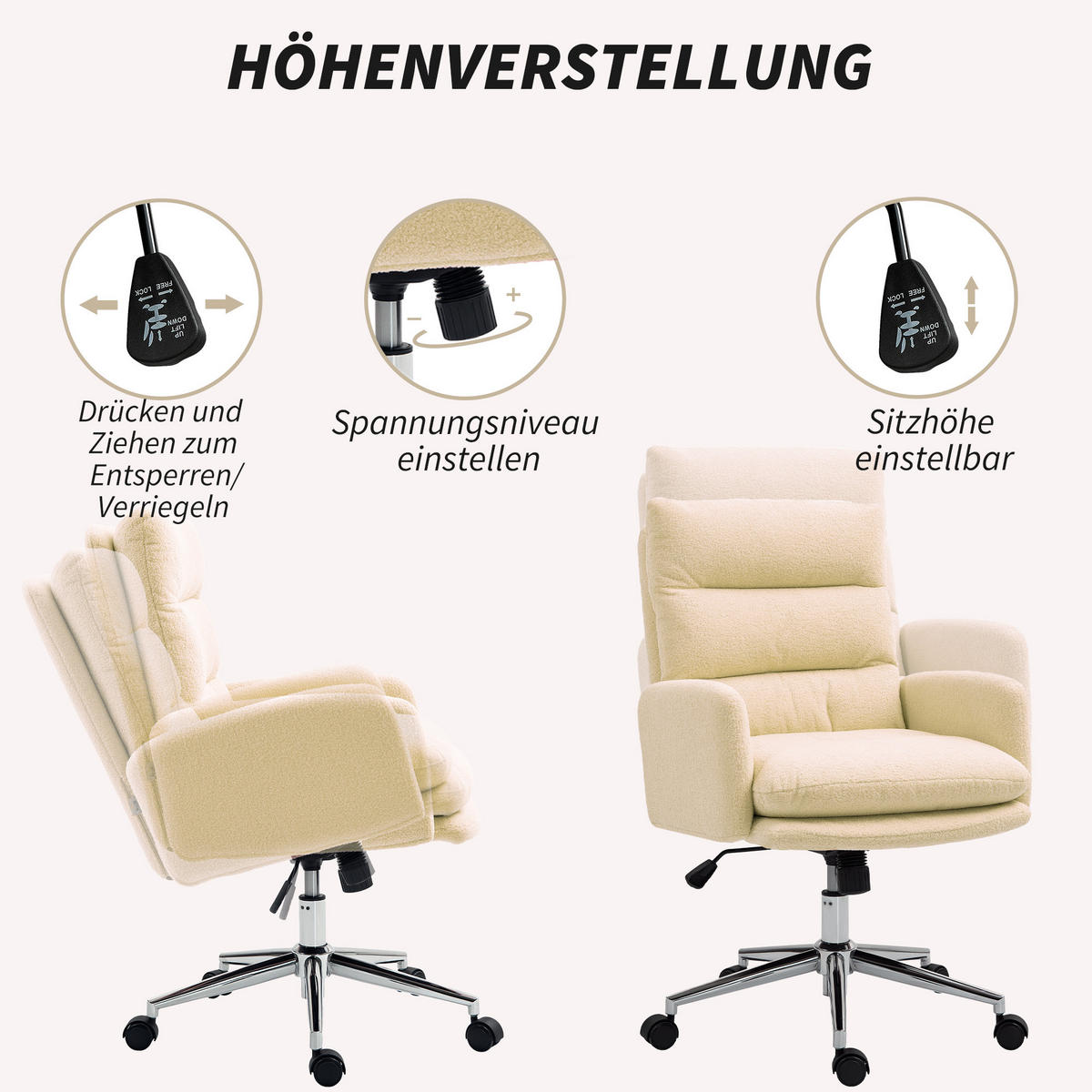 BÜROSTUHL Ergonomischer Schreibtischstuhl mit Armlehne, Lammwolle-Optik Creme - Creme, Kunststoff (58/99/67cm) - HOMCOM