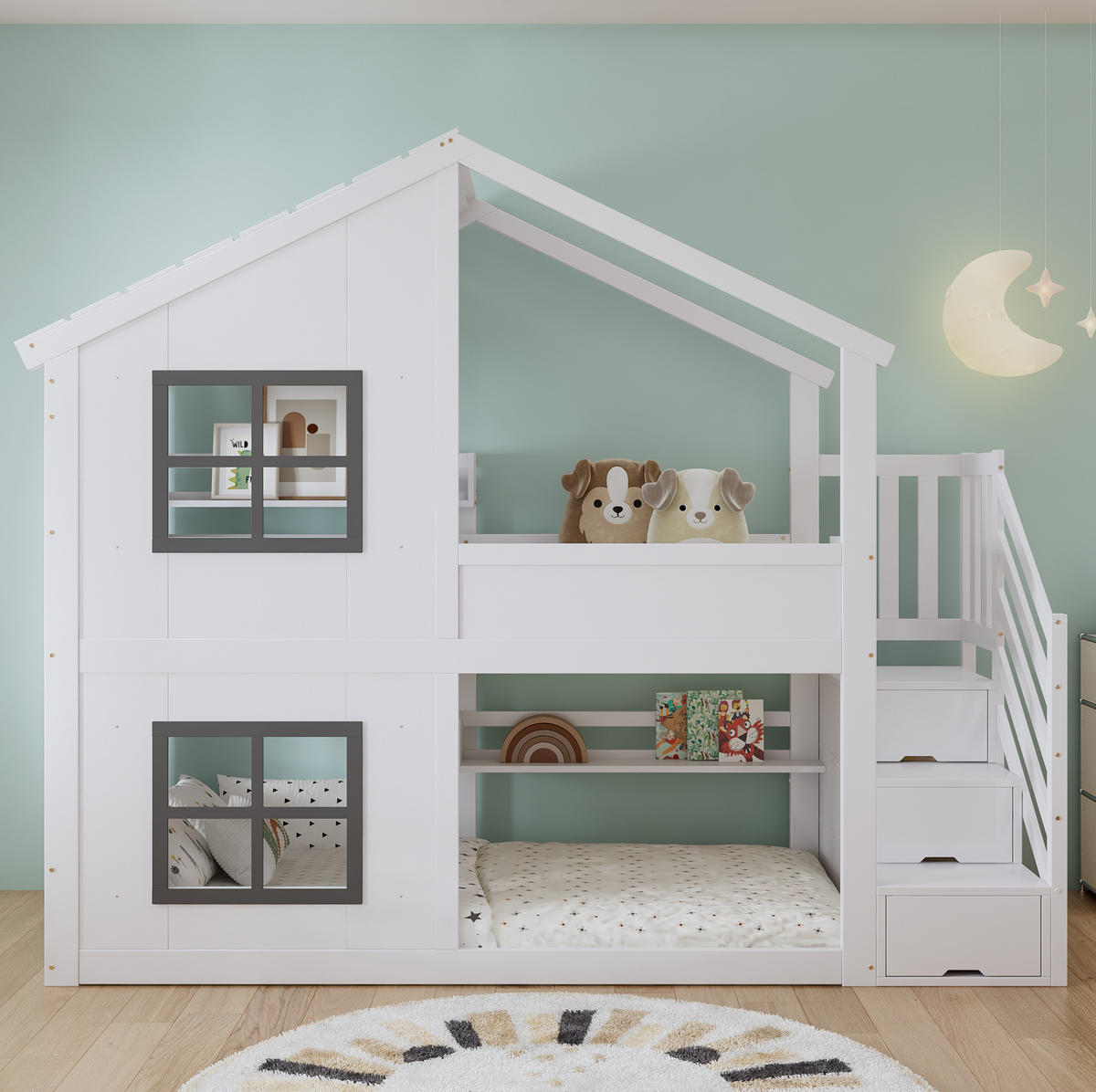 ETAGENBETT 90/200 cm weiß und grau aus Kiefer mit Treppen-Stauraum - Weiß, Holz (90/200cm) - OKWISH