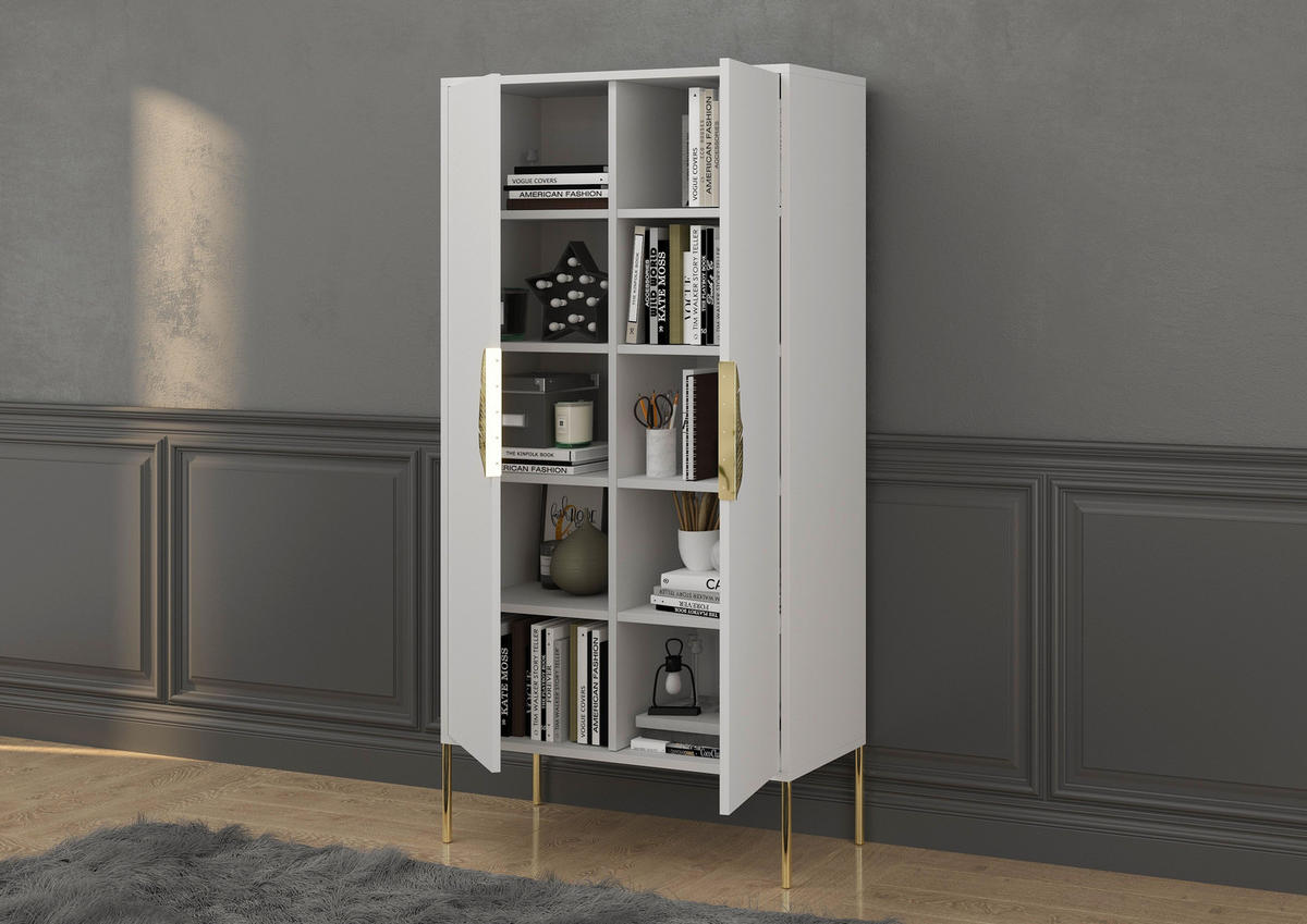 HIGHBOARD Merlin, Weiß, Goldene Details - Goldfarben/Weiß, Holzwerkstoff/Metall (80/160/40cm) - Skandica