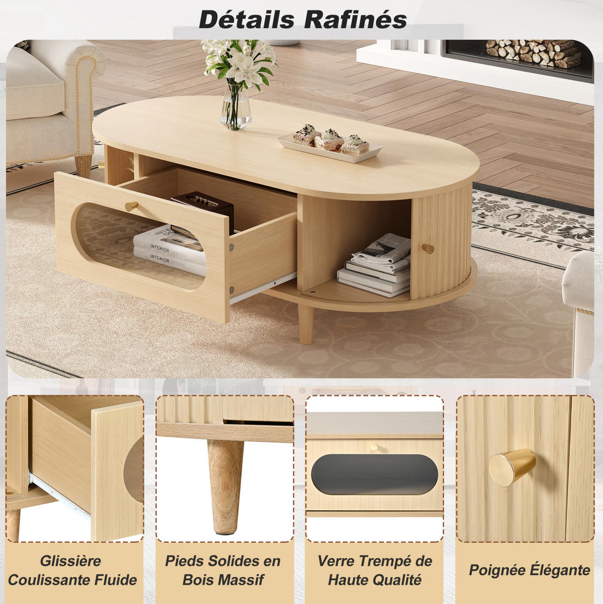 KONFERENČNÍ stolek 100/50/36 cm dubová barva z MDF se zásuvkou a roletovými dvířky - barva dubu, kompozitní dřevo (100/50/36cm) - OKWISH