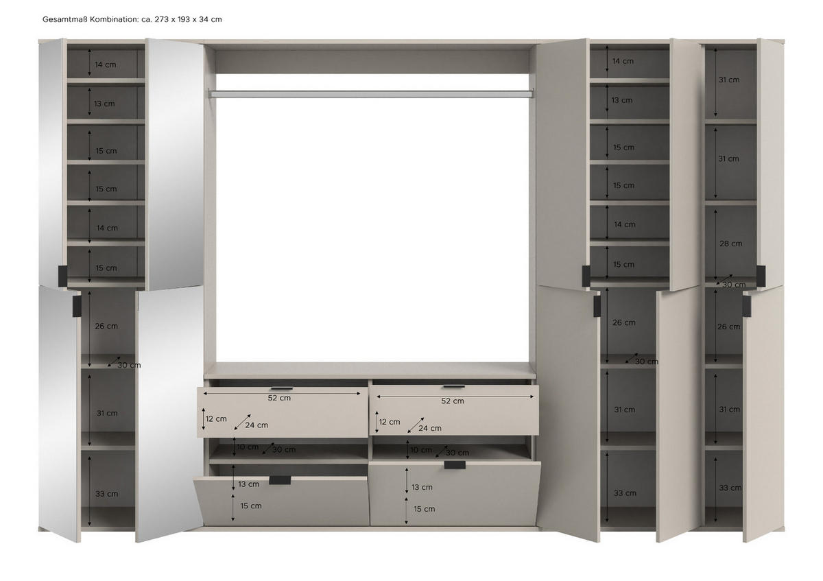 GARDEROBEN-SET Kaschmir 273 x 193 cm, Garderobenschrank mit Spiegel - Kaschmir/Schwarz, Glas/Holzwerkstoff (273/193/34cm) - Inn.Furn