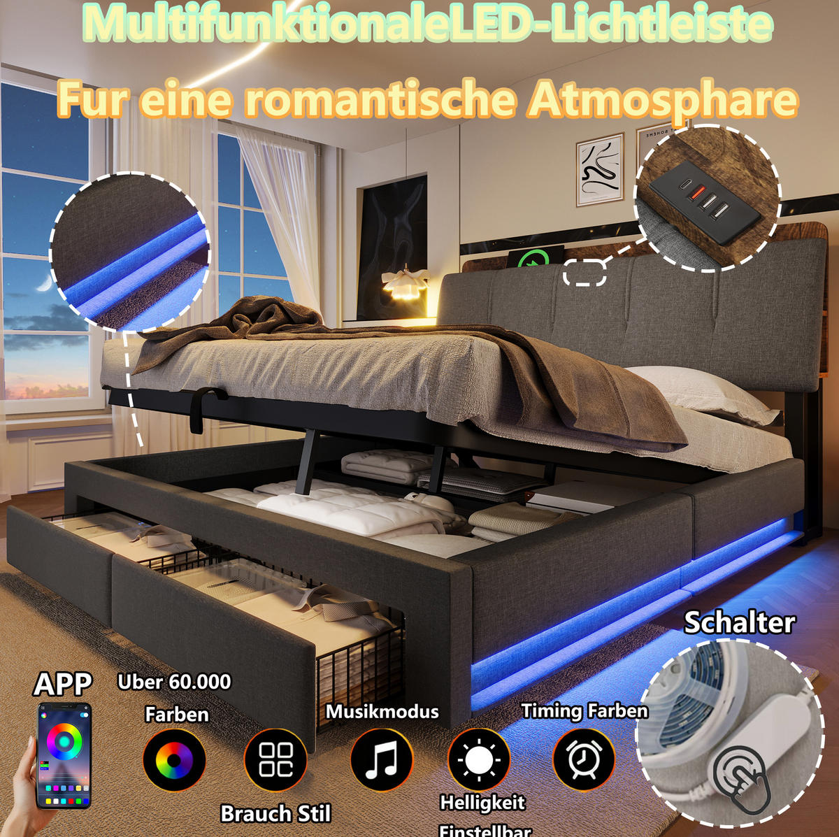 POLSTERBETT 140/200 cm mit LED, USB-C, Bettkasten und Schubladen, Leinen, Grau - Grau, Textil (140/200cm) - Redom