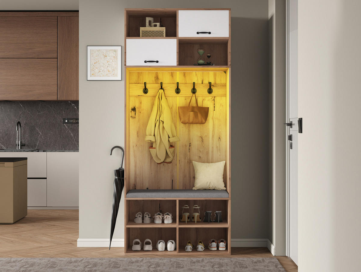 GARDEROBENSET 80/35/185 cm aus Spanplatte mit Sitzbank und LED-Beleuchtung Weiß/Naturfarben - Naturfarben, Holzwerkstoff (80/185/35cm) - Modenvie