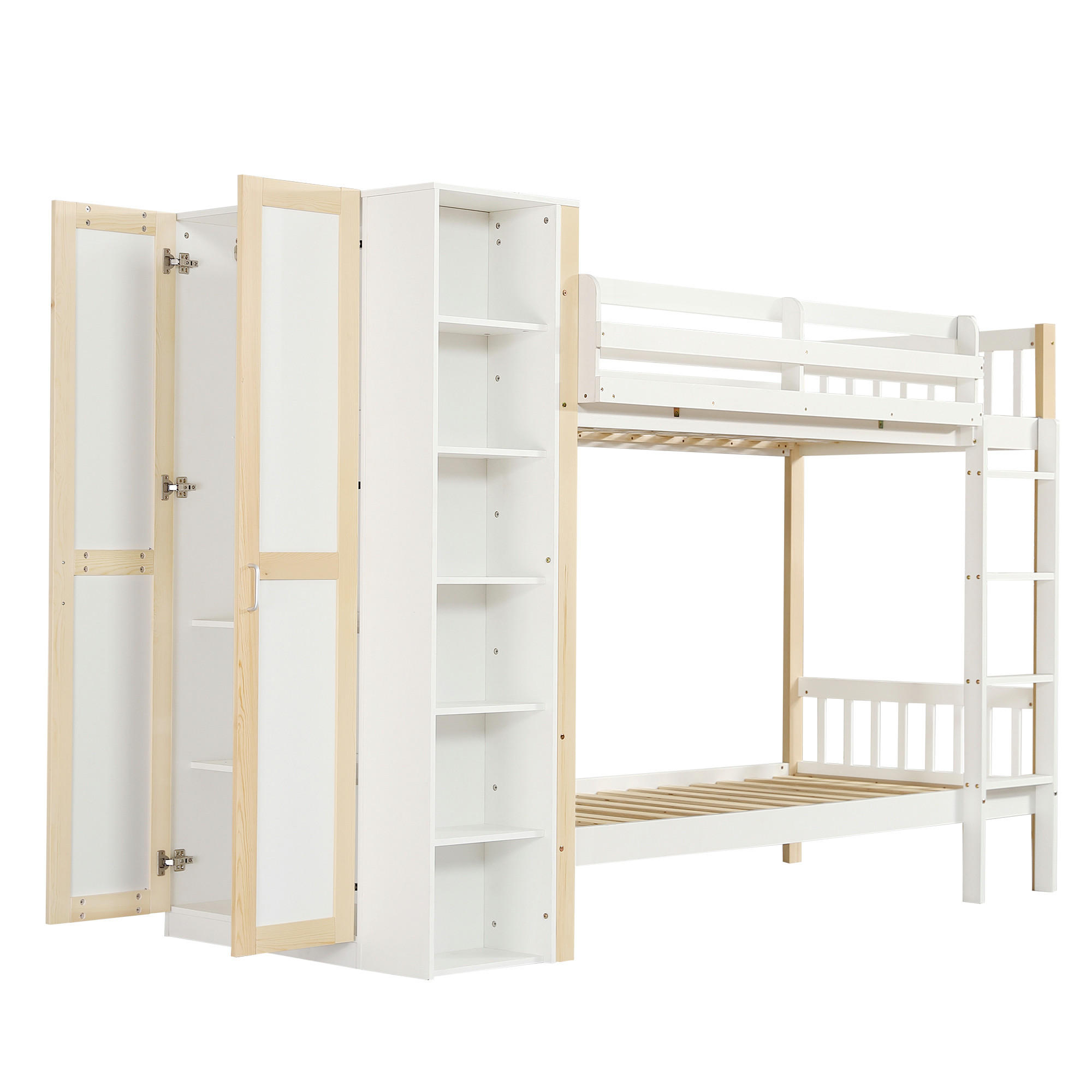 ETAGENBETT 90/200 cm DE-02261, in Weiß/Natur, mit Regalen, Kleiderschrank und Leiter - Weiß, Holz/Holzwerkstoff (90/200cm) - ComfortXL