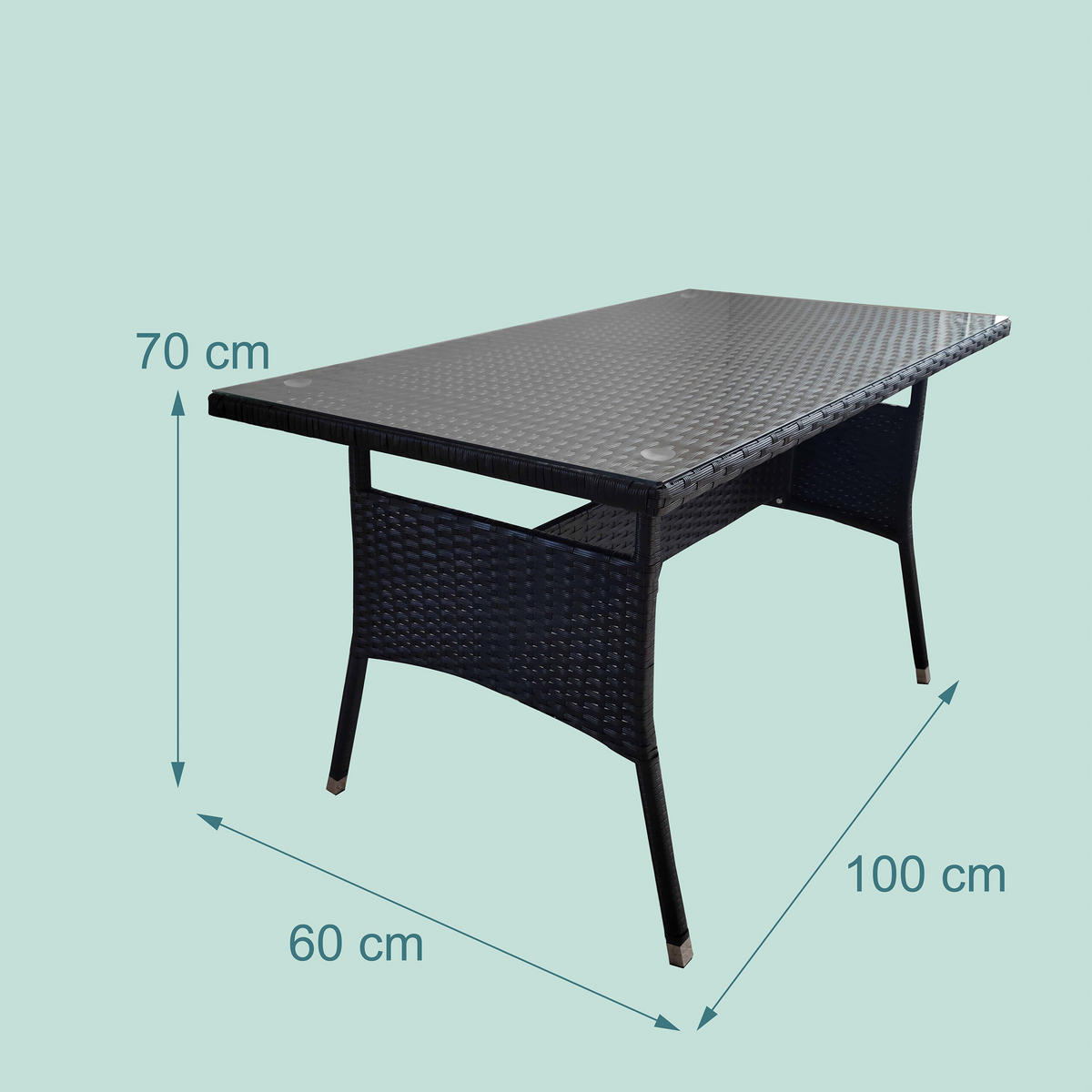 BORD Svart trädgård polyrattan glasskiva 100x60 cm - Svart, Glas/Plast (60/100/70cm) - Relaxdays
