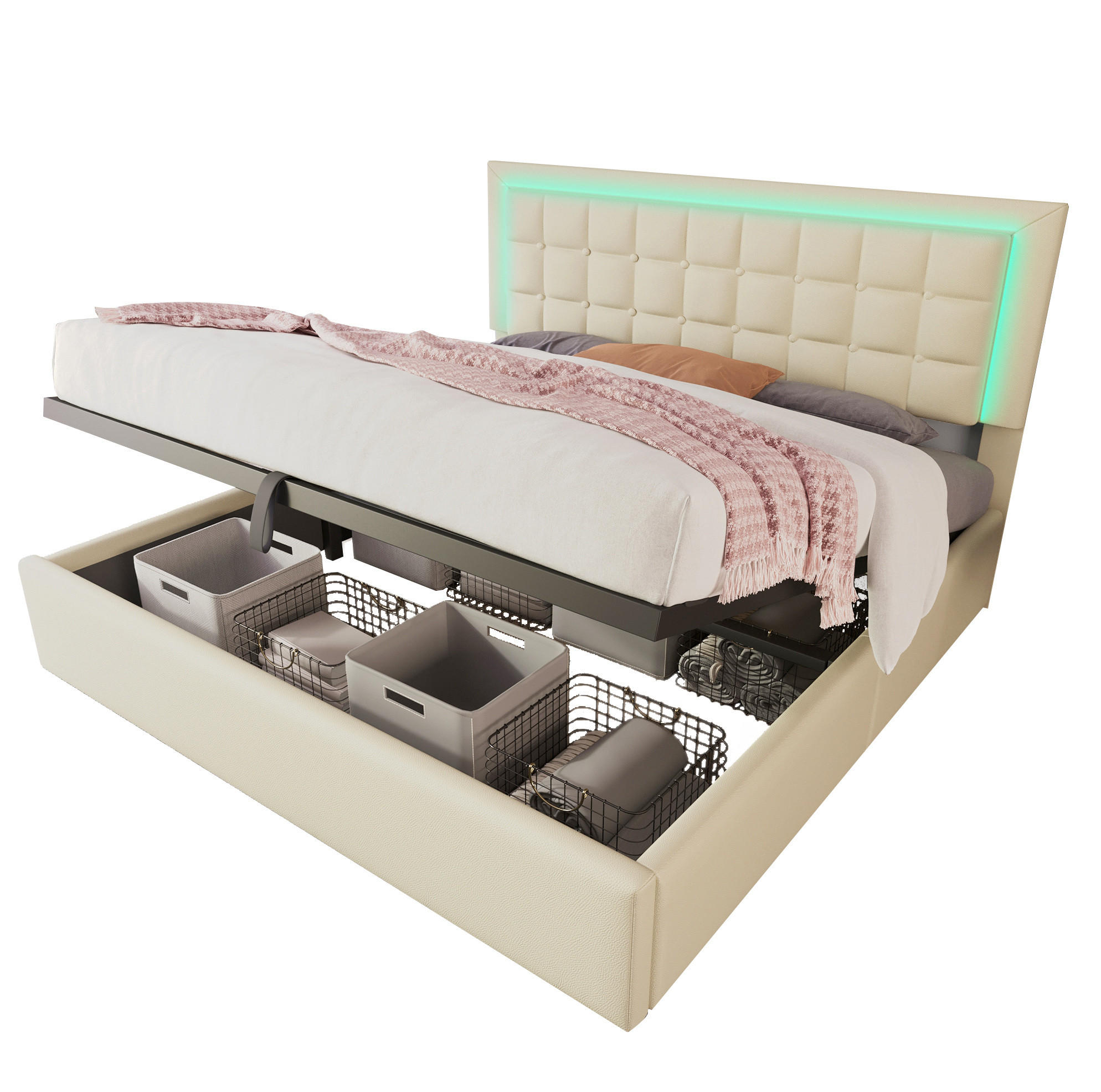 OKWISH ČALOUNĚNÁ postel 160/200 cm bílá z PU s LED osvětlením, úložným prostorem a matrací