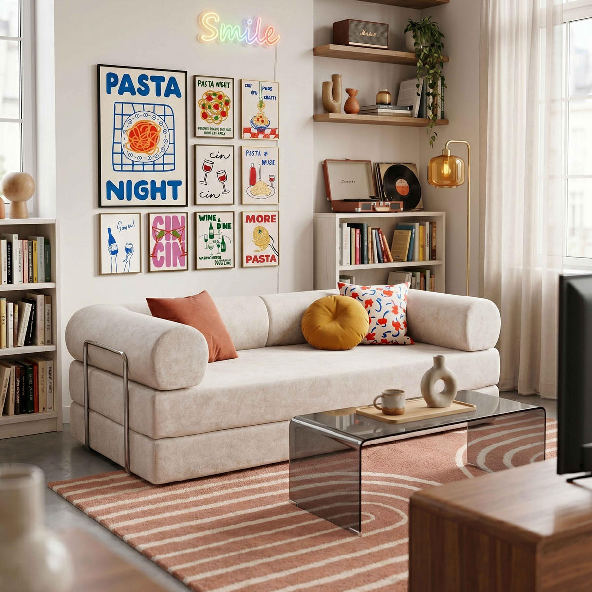 SCHLAFSOFA mit 2 Sitzplätzen, Ekru - Beige/Weiß, Textil (204/67/102cm) - Oviala