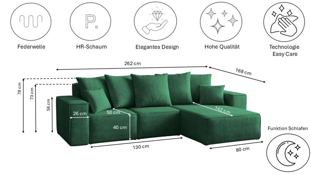 ECKSOFA L-Form Premium Kollektion ELLA Stoff Velours Noel Grün Rechts - Grün, Holz/Textil (262/168cm) - Kaiser Möbel