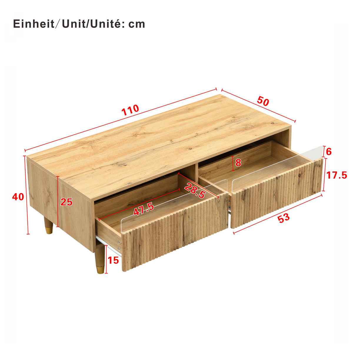 COUCHTISCH mit LED-Beleuchtung Eiche Nachbildung und 2 Schubladen - Eichefarben, Holzwerkstoff/Metall (50/110/40cm) - Urban Meuble