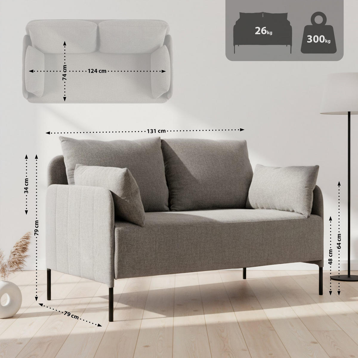 COUCH Bernd 2-Sitzer Stoff 131x79x79cm Stoff Taupe Sofa - Taupe, Kunststoff (131/79/79cm) - DELUKE