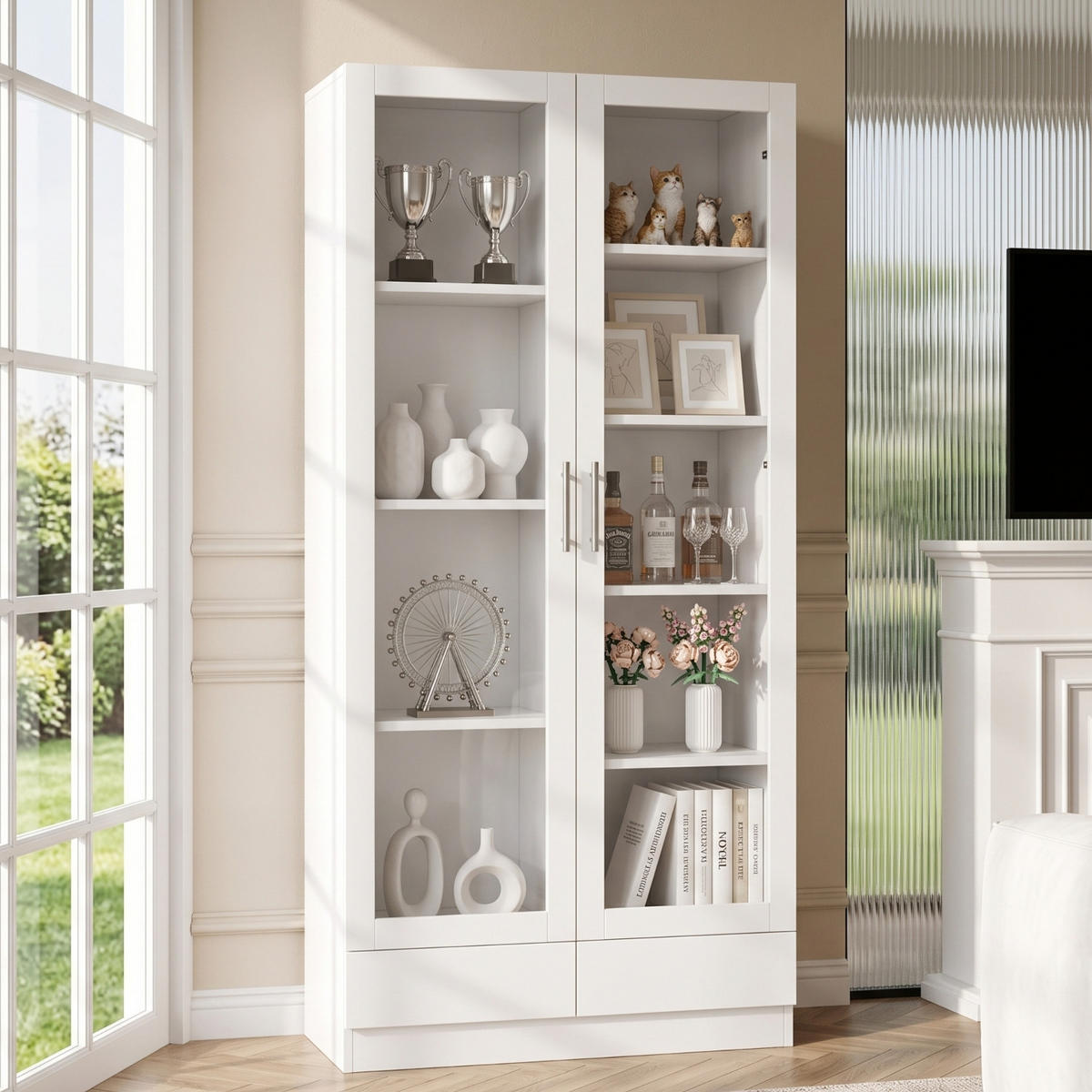 KÜCHENSCHRANKWEISS 80x40x160 cm, MDF und Glas, MIT 2 SCHUBLADEN, für Wohnzimmer und Büro - Weiß, Holzwerkstoff (40/160/80cm) - Rolipo
