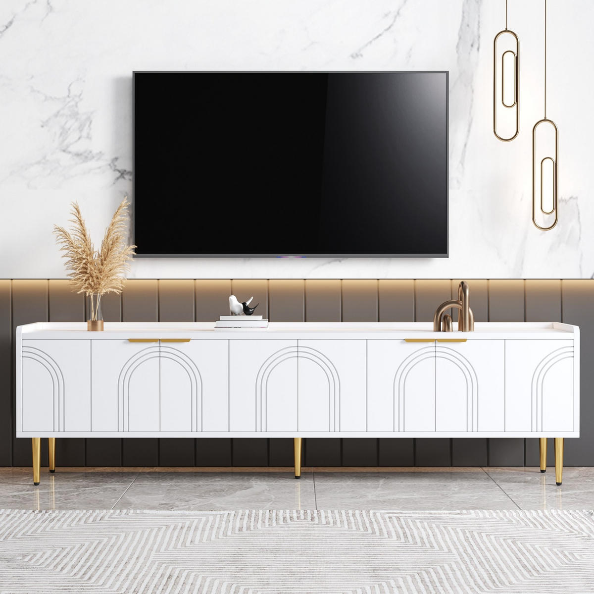 TV-LOWBOARD aus MDF 170x35x47,5 cm Weiß mit Stauraum, Kabeldurchführung und goldfarbenen Metallfüßen - Weiß, Holzwerkstoff (170/47.5/35cm) - IVMEU