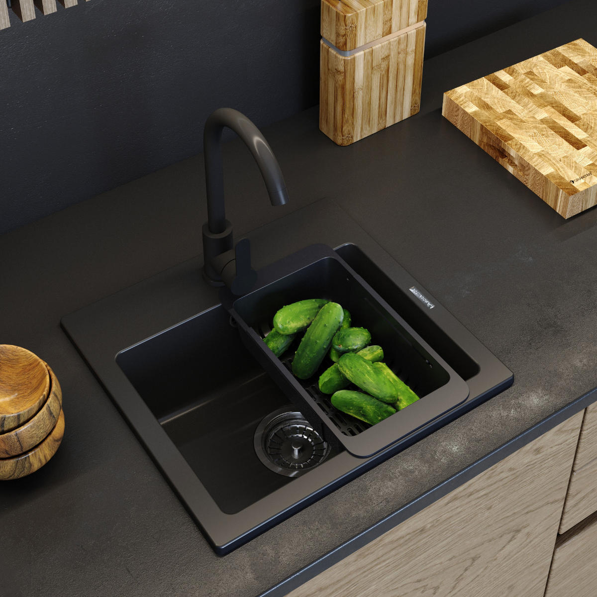 GRANITSPÜLE Teor mit Batterie Siphon - Schwarz, Kunststoff/Stein (42/17/46cm) - Granitan
