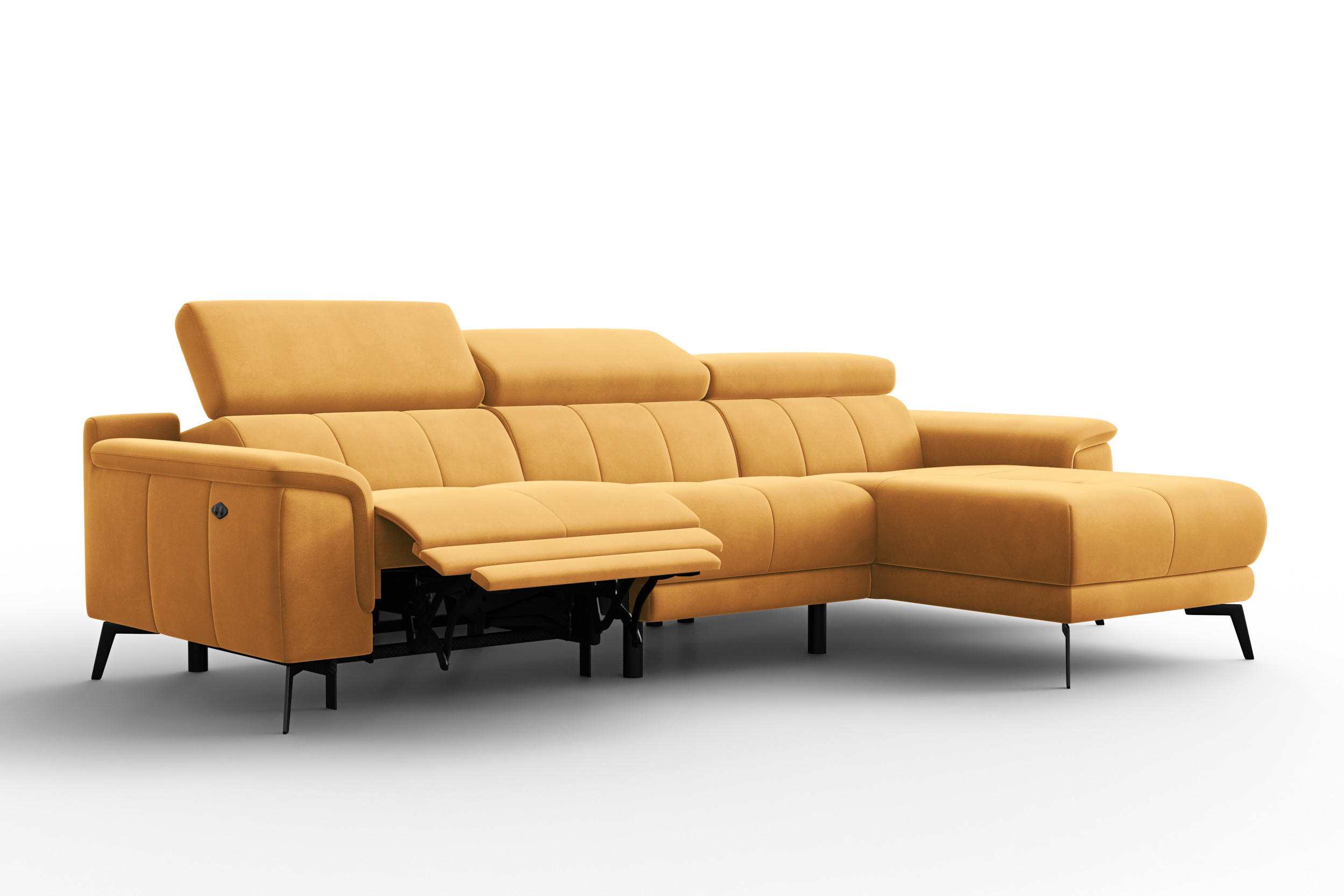 ECKSOFA FIERO 4-Sitzer RECHTS, Gelber Veloursstoff - Gelb/Schwarz, Holz/Textil (288/170cm) - Courtois Laville