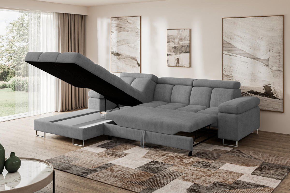 ECKSOFA mit Schlaffunktion Ottomane Links COMA L 271x203x79 Grau Velours - Grau, Holzwerkstoff/Textil (271/203cm) - ALTDECOR