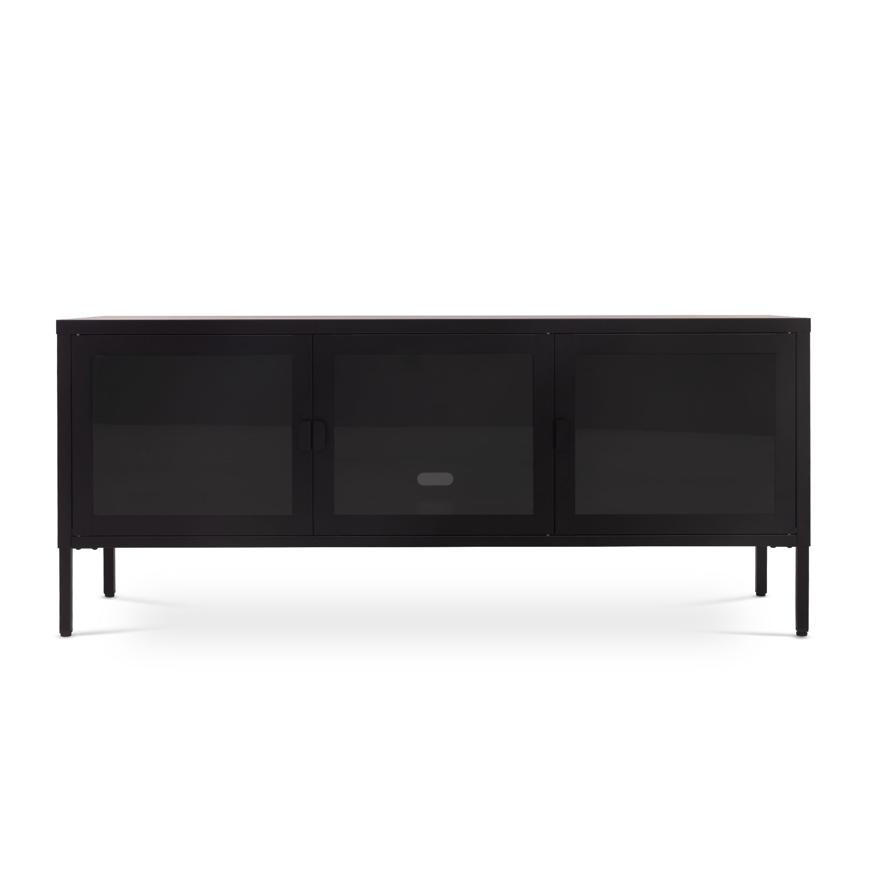 TV-LOWBOARD Metall 130cm 3 Türen, Schwarz und Sicherheitsglas EZRA - Schwarz, Metall (130/55/40cm) - Sicaan