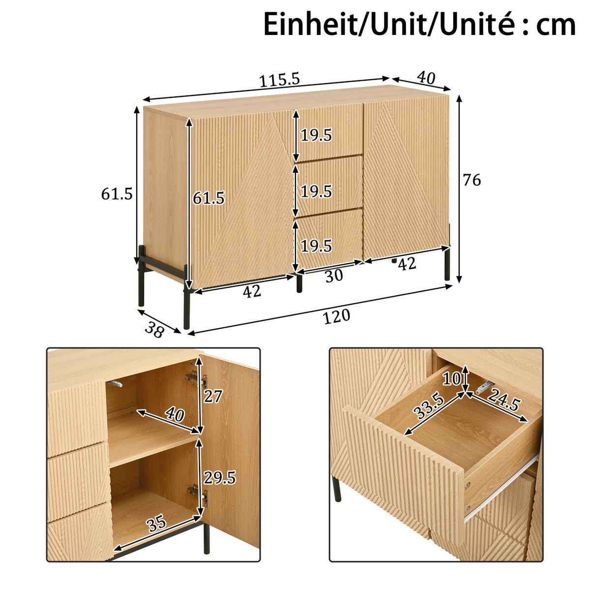 KOMODA od MDF-a 115,5x40x76 cm prirodna s dvokrilnim vratima, 3 ladice i geometrijskim frontama - prirodne boje, drvni materijal (115.5/76/40cm) - Modfu