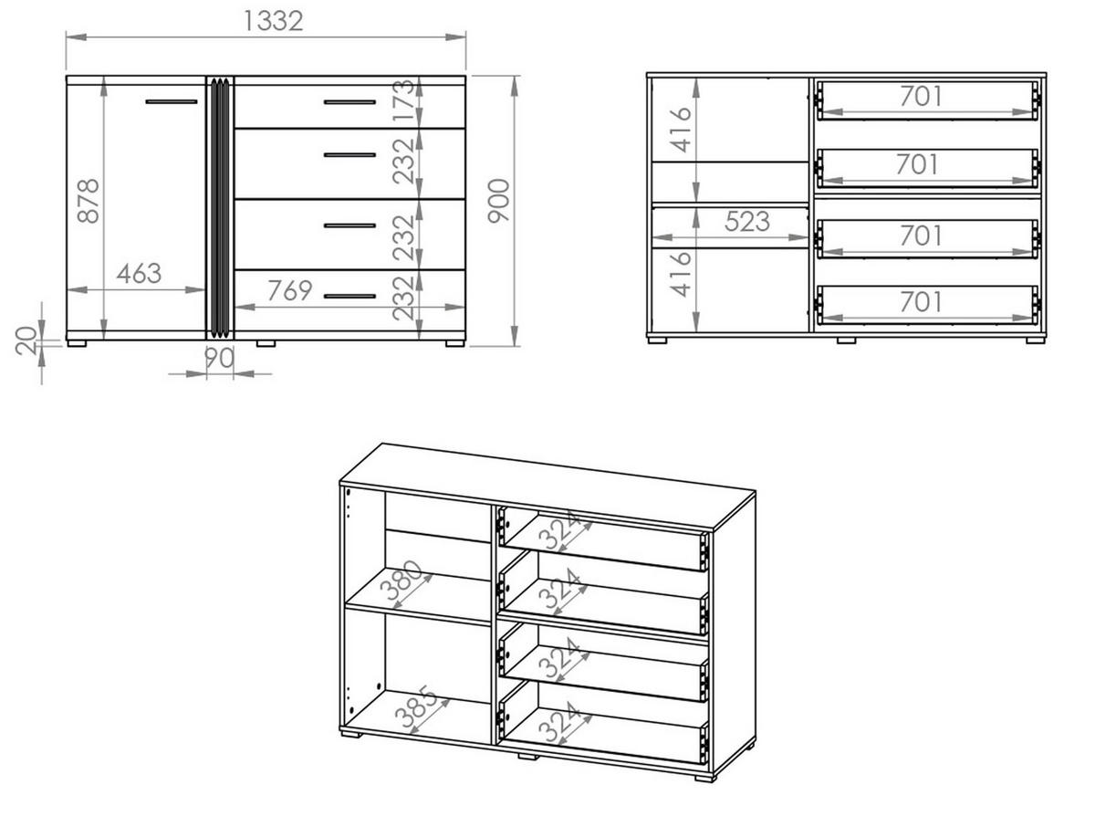 SIDEBOARD Adagio weiß Hochglanz / Eiche castello 134 / 42 / 90cm - Weiß Hochglanz/Weiß, Holz/Holzwerkstoff (134/90/42cm) - Feldmann-Wohnen