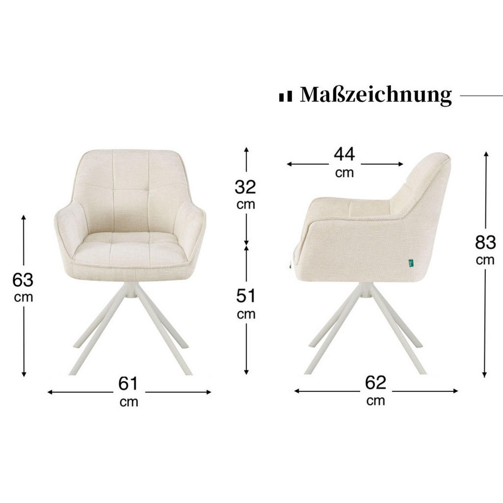 Thumbnail - Dubi Möbel Esszimmerstuhl, Creme, Textil, 61x83x62 cm, Esszimmer, Stühle, Esszimmerstühle, Armlehnenstühle