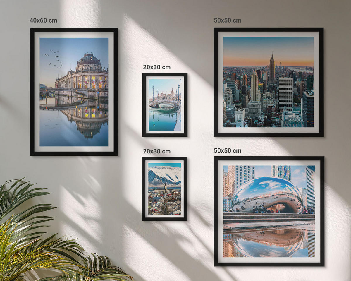 BILDER SET 5er Set - 50x50 cm & 20x30 cm & 40x60 cm Schwarzer Rahmen - Architektur von Städten am Wasser - Schwarz, Kunststoff (40/60cm) - TULUP