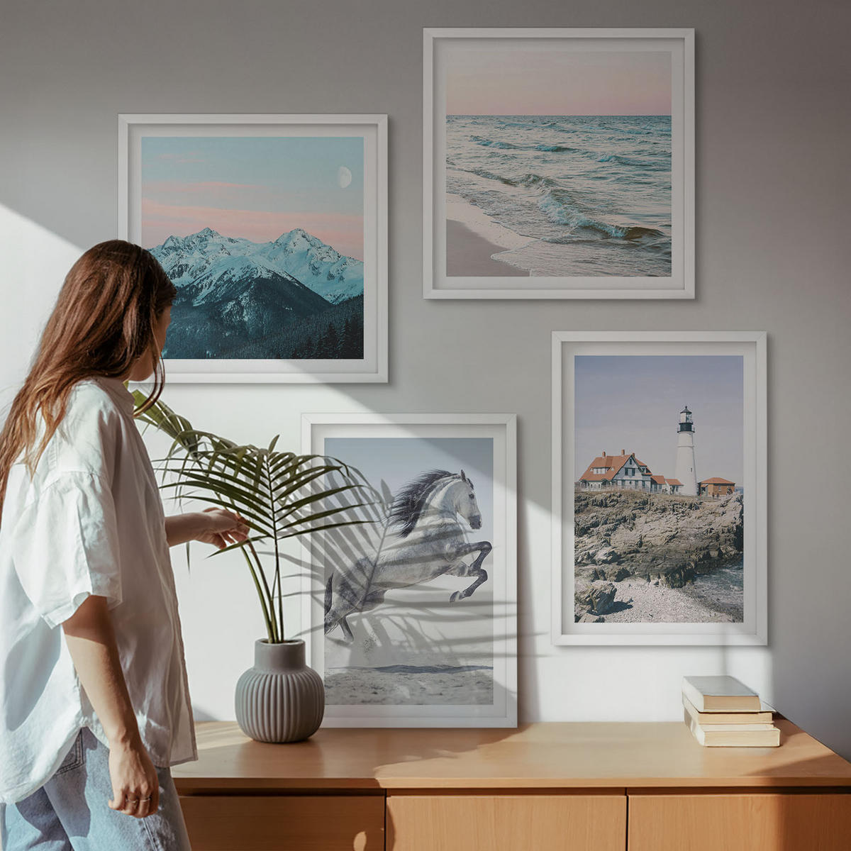 WANDBILDER 4er-Set - 50x50 cm & 40x60 cm Weißer Rahmen - Pferde, Bewegung, Strand, Leuchtturm, Berge - Weiß, Kunststoff (50/50cm) - ArtPrintCave