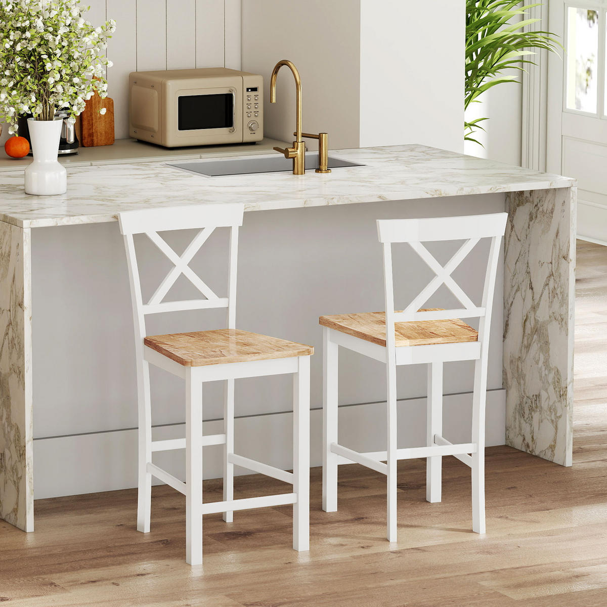 BARHOCKER 2er Set Barstuhl Küchenstühle mit Rückenlehne und Fußstütze Eiche - Eichefarben/Multicolor, Holz (41.5/96/46.5cm) - HOMCOM