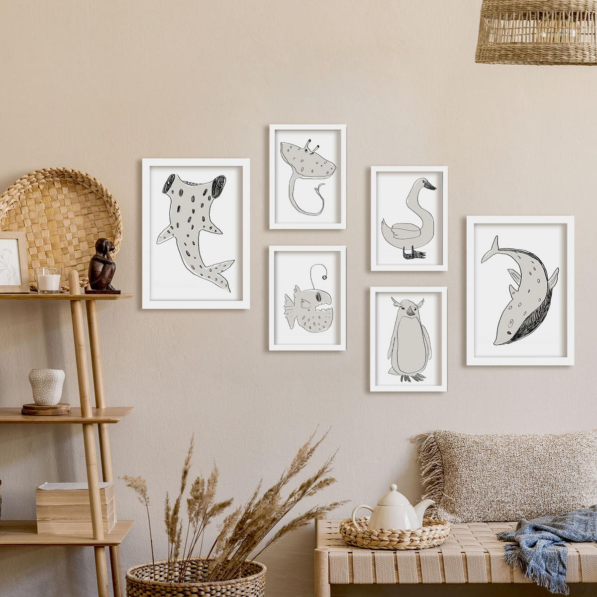 POSTER Set Mit 6 Sea Varmint In Tiere Abstracts Ästhetische Dekorative Gemälde Für Ihr Wohnzimmer, Schlafzimmer, Zuhause A3 & A4 Weißer Rahmen - Weiß, Papier (29/3cm) - Nacnic