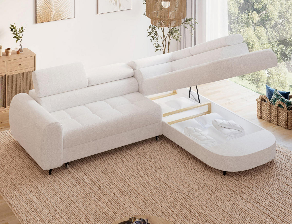 ECKSOFA Vesteria mit Schlaffunktion und Bettkasten – Modernes Design, verstellbare Kopfstützen und hoher Sitzkomfort - Weiß, Kunststoff (279/72cm) - Wohnideebilder