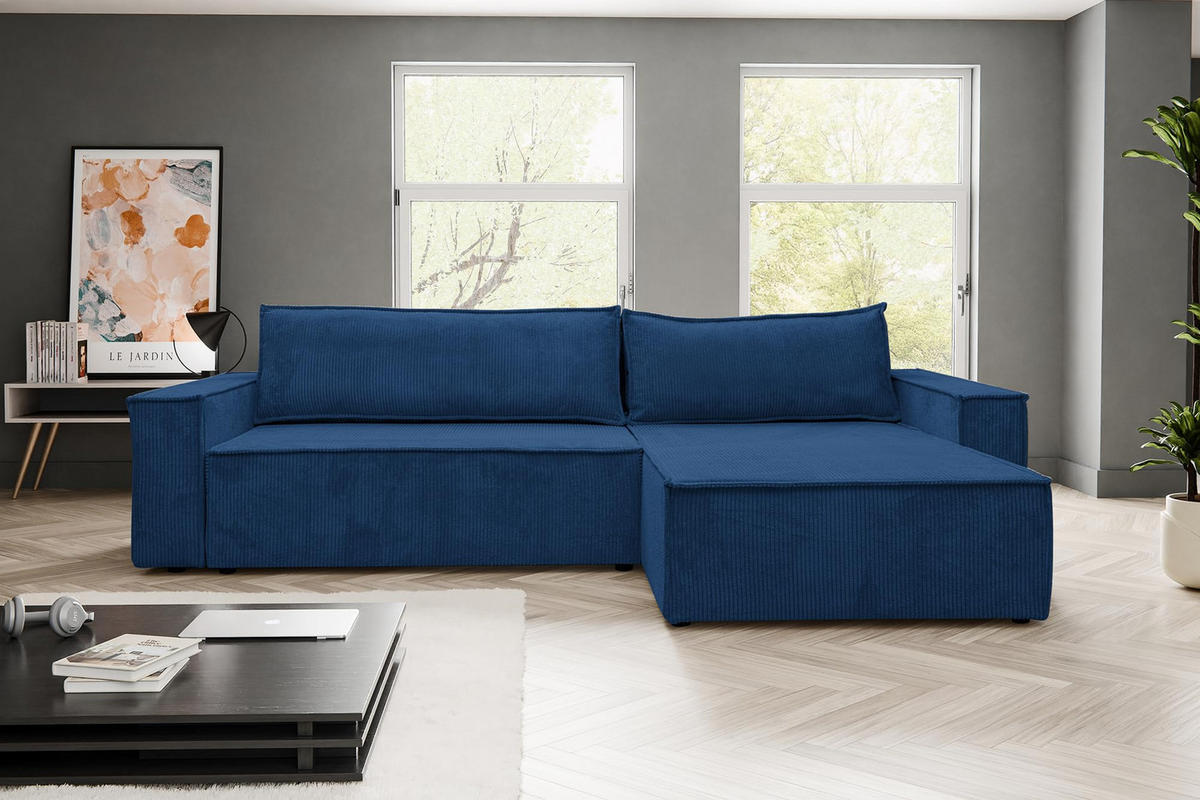 ECKSOFA HUGO XL Schlaffunktion und Bettkasten Cord-Stoff (Blau) - Blau, Textil (274/142cm) - VENASI MÖBEL