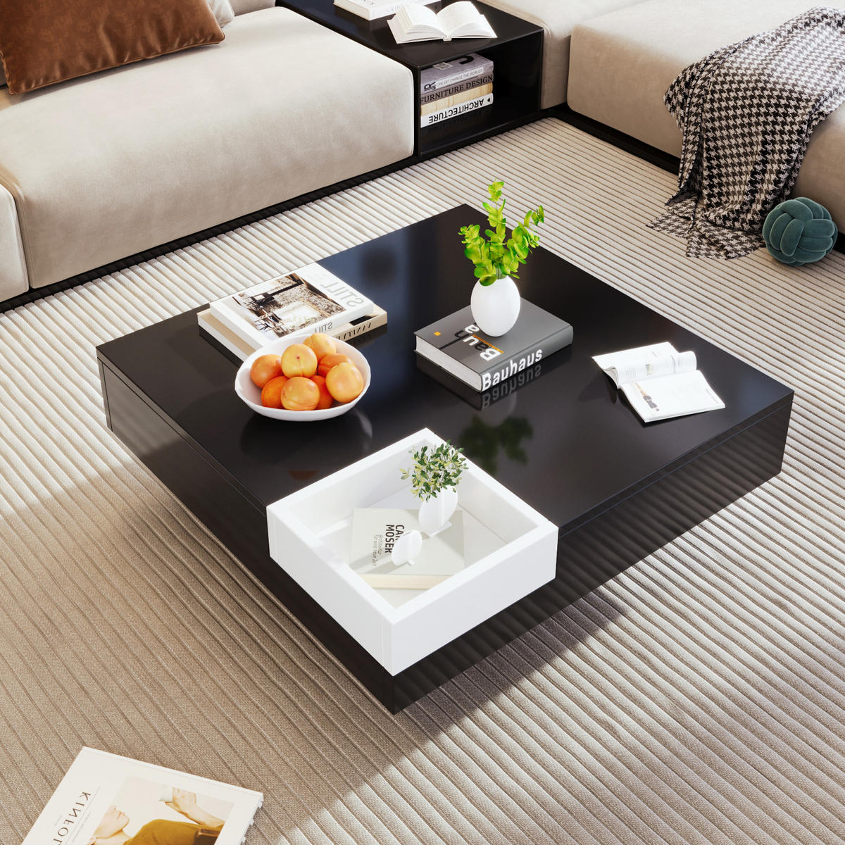 COUCHTISCH 72x72x30 cm Schwarz Hochglanz, LED, Abnehmbare Aufbewahrungsbox, Wohnzimmer - Schwarz, Holz (72/72/30cm) - PARAFTA HOME