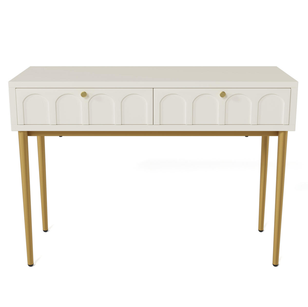 SCHMINKTISCH aus Holz und Metall 100x45x76,5 cm Creme-Weiß mit 2 Schubladen und gewölbten Fronten - Weiß, Holzwerkstoff (100/76.5/45cm) - Modfu