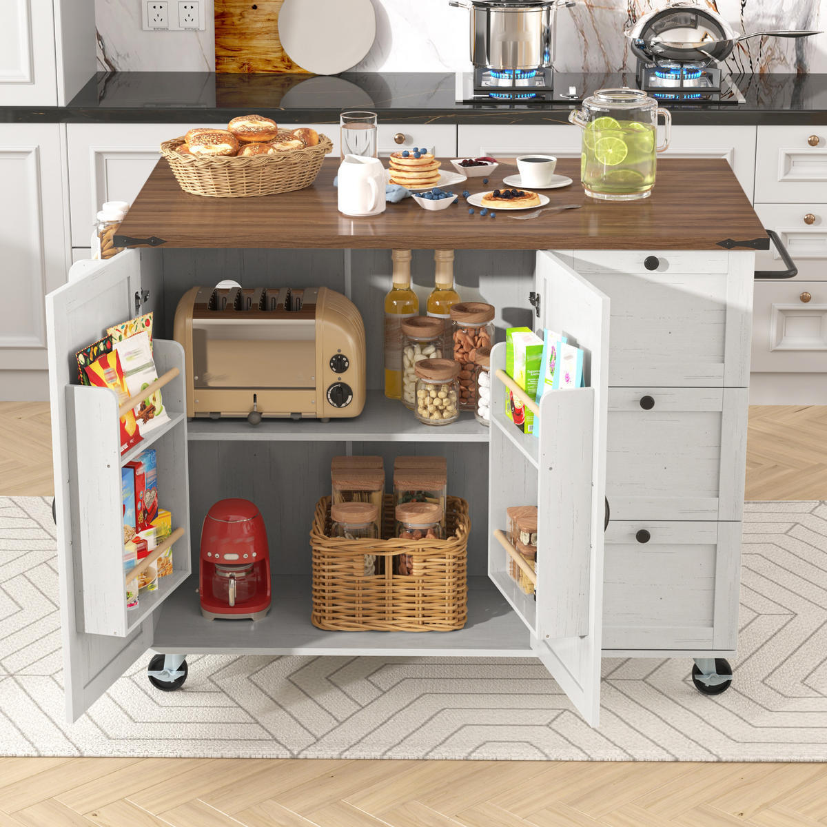 KÜCHENINSEL 140/73/92,5 cm Weiß mit Klappplatte, 3 Schubladen, 2 Türen und Rollen - Beige, Holz/Holzwerkstoff (140/92.5/45cm) - Oxeza