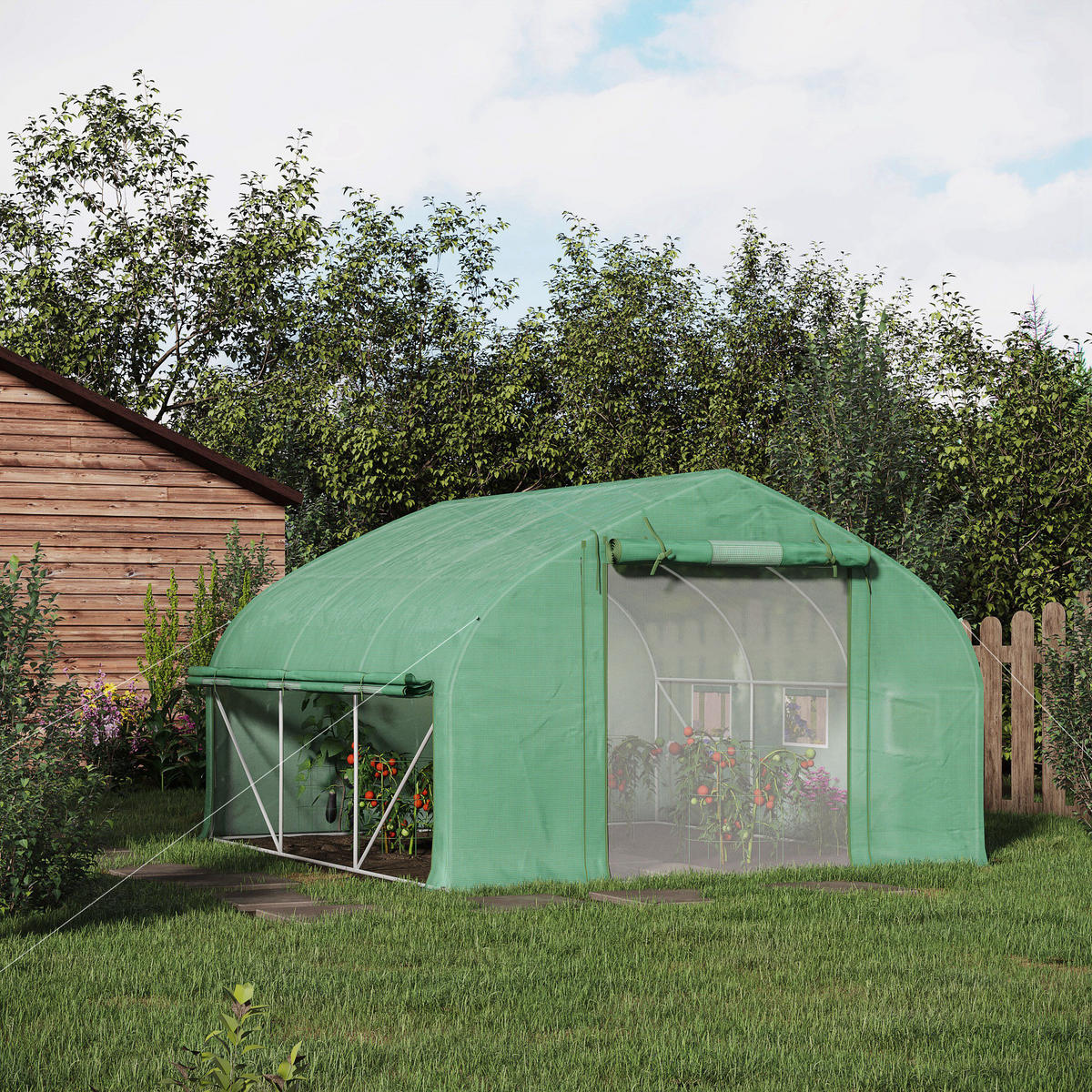 GEWÄCHSHAUS DE-11987 10,4 m² mit Tür & 7 Fenstern Grün - Grün, Kunststoff (300/200/347cm) - ComfortXL